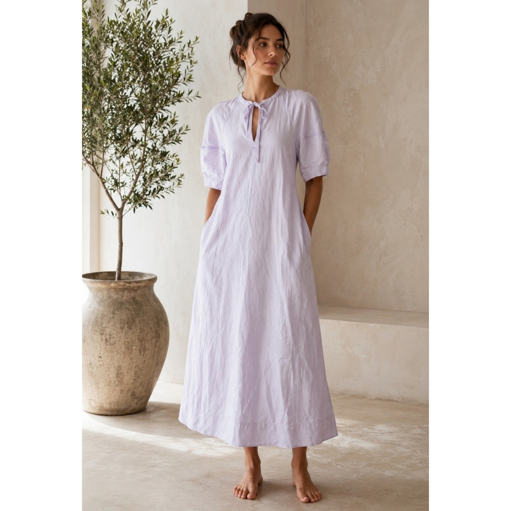 COS Nigella Dress Lilac Lavender Linen Blend Midi Tie Neck Puff Sleeve US 6
